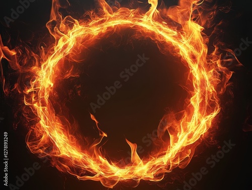 Fiery ring of fire with intense heat and energy against a dark background creating a dramatic and powerful visual effect for concepts of power