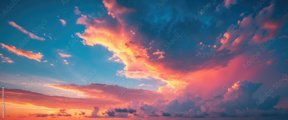 Colorful sunset sky with dramatic clouds illuminated by warm light, perfect for nature and scenic backgrounds. Colorful sunset sky with dramatic clouds illuminated by warm light, perfect for nature and scenic backgrounds.