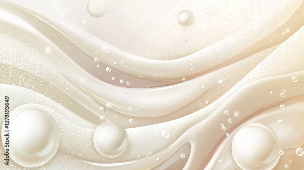 Fototapeta premium Abstract cellular landscape with hyaluronic acid raindrops nurturing both hair follicles and skin surface, pearlescent white collagen orbs emitting soft light, premium cosmetic marketing visual,