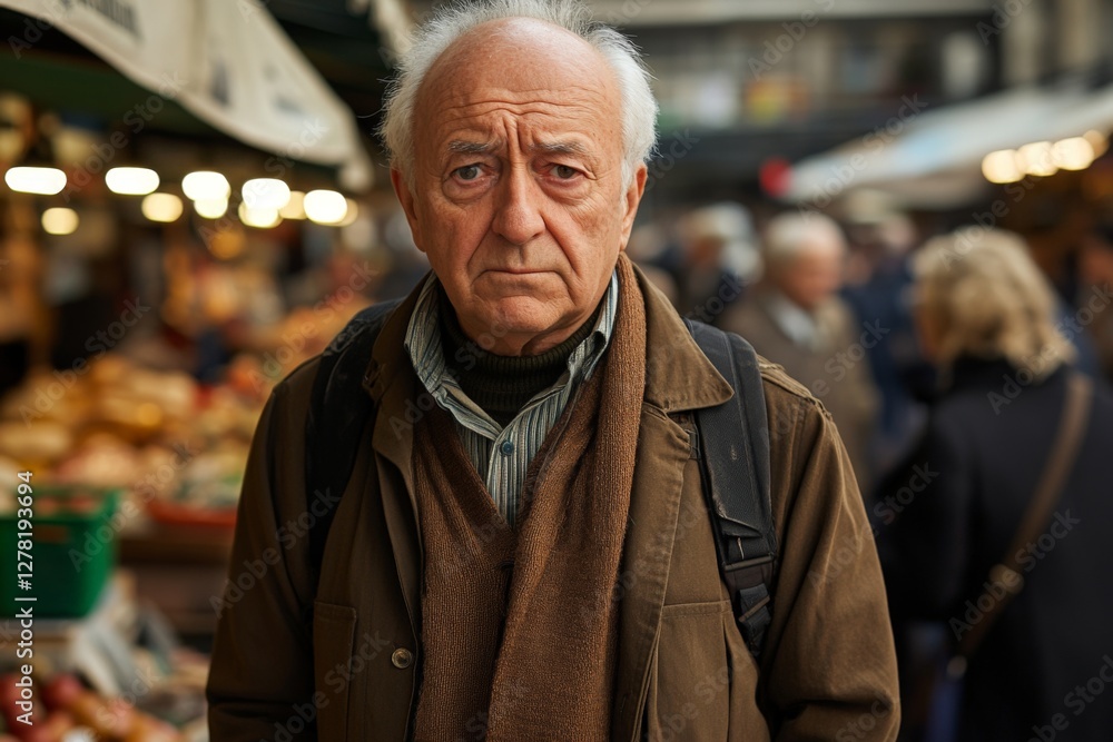 Obraz premium Older man with somber expression standing in market surrounded by various stalls in a bustling city setting