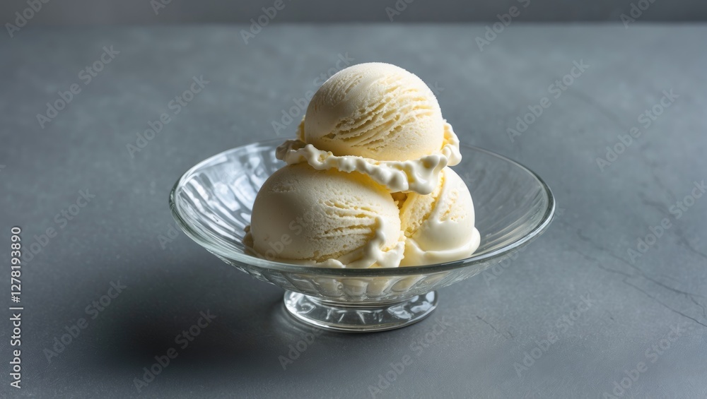 Vanilla ice cream scoops served in a patterned glass bowl on a gray surface Vanilla ice cream scoops served in a patterned glass bowl on a gray surface