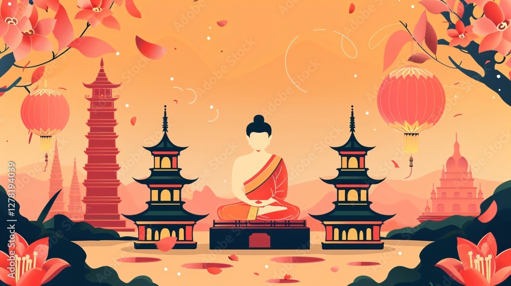 Obraz premium Vesak Day Scene Flat Vector Illustration