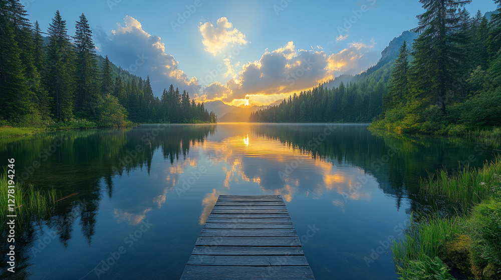 Fluffy clouds reflecting in a still lake surrounded by lush green trees Fluffy clouds reflecting in a still lake surrounded by lush green trees