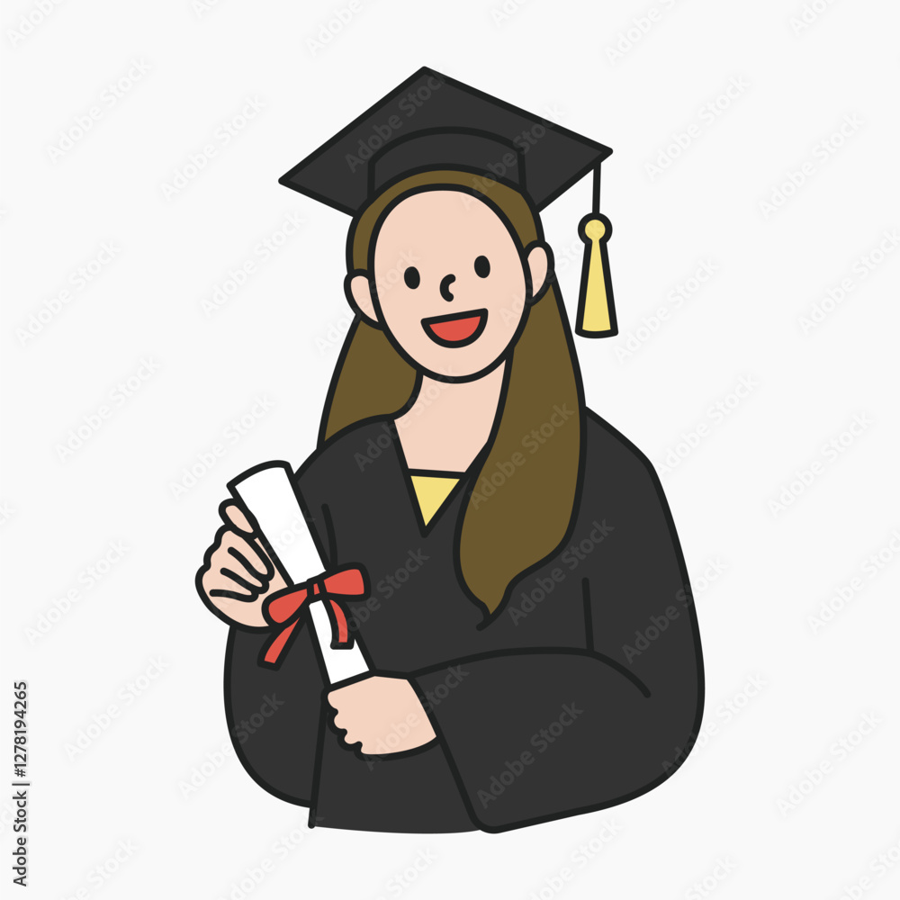 Female graduate student in graduation gown holding diploma collage element vector Female graduate student in graduation gown holding diploma collage element vector