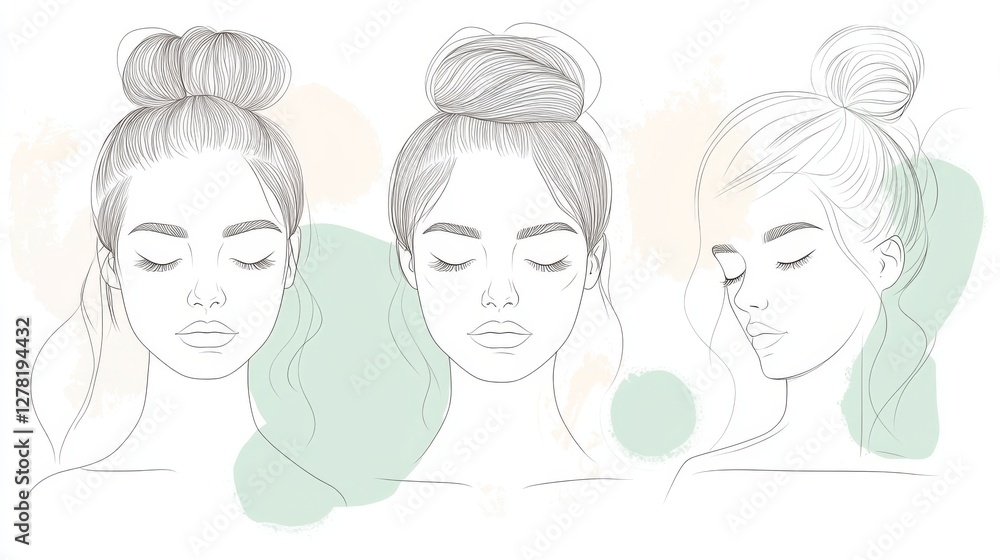 Elegant beauty infographic triptych, minimal facial features line art, top knot hairstyle female portraits, soft mint green accents, skincare procedure steps, contemporary fashion illustration style, Elegant beauty infographic triptych, minimal facial features line art, top knot hairstyle female portraits, soft mint green accents, skincare procedure steps, contemporary fashion illustration style,
