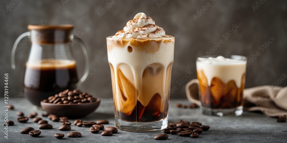 Iced coffee beverage with whipped cream in glass surrounded by coffee beans and a pitcher of coffee on grey background Iced coffee beverage with whipped cream in glass surrounded by coffee beans and a pitcher of coffee on grey background