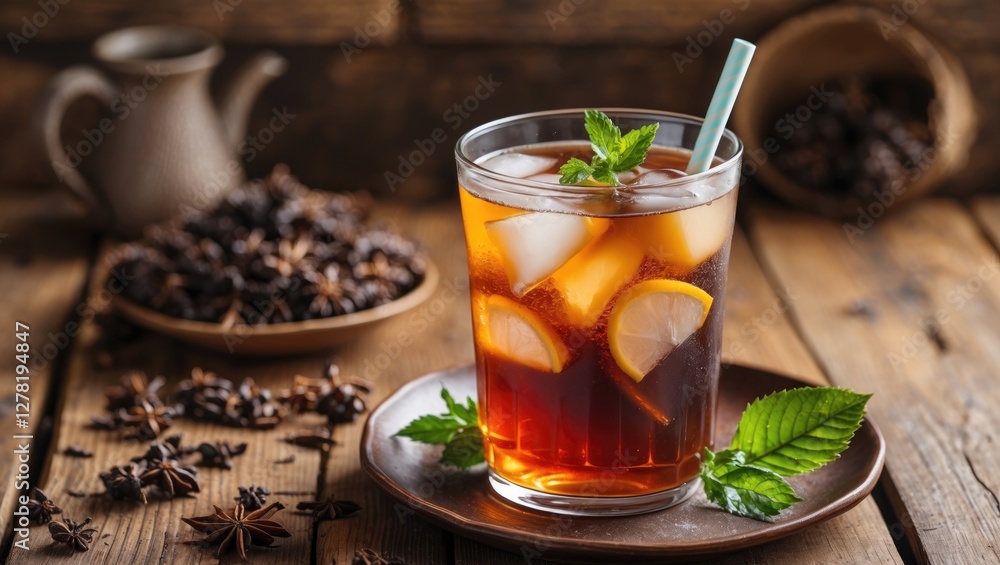 Iced tea in a clear glass with lemon and mint garnish on wooden table with star anise and teapot in background Iced tea in a clear glass with lemon and mint garnish on wooden table with star anise and teapot in background