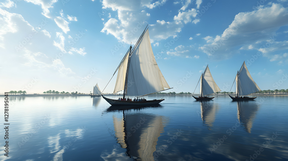 Obraz premium Serene sailboats on calm water, three vessels gliding peacefully, soft reflections, tranquil atmosphere, perfect for relaxation themes.