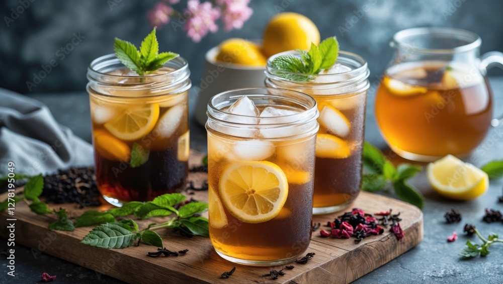 Iced tea drinks in glass jars with lemons and mint on a wooden board with fresh ingredients and flowers in a dark setting Iced tea drinks in glass jars with lemons and mint on a wooden board with fresh ingredients and flowers in a dark setting