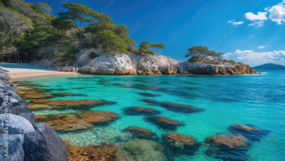 Fototapeta premium Tropical beach with clear turquoise waters, rocky shoreline, and vibrant green trees under a blue sky with clouds