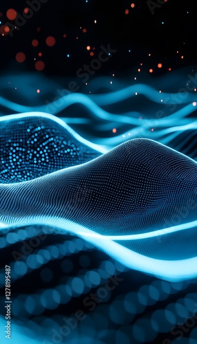 Digital landscape with glowing waves and scattered light particles