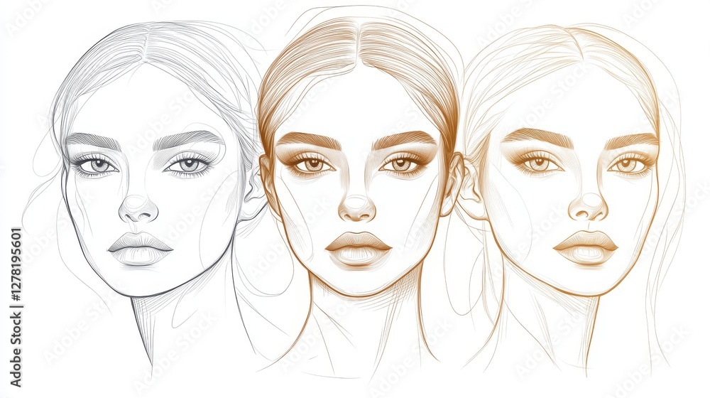 Fashion beauty tutorial quadriptych, refined continuous line art portraits, makeup application process, gentle brown contours, understated cosmetic illustration panels, clean aesthetic style,