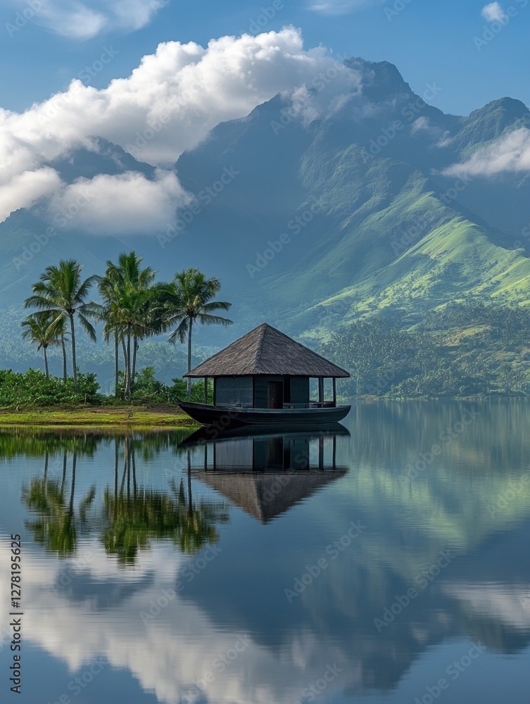 Obraz premium Serene lake landscape with a floating hut reflecting in calm water surrounded by palm trees and majestic mountains under a cloudy sky