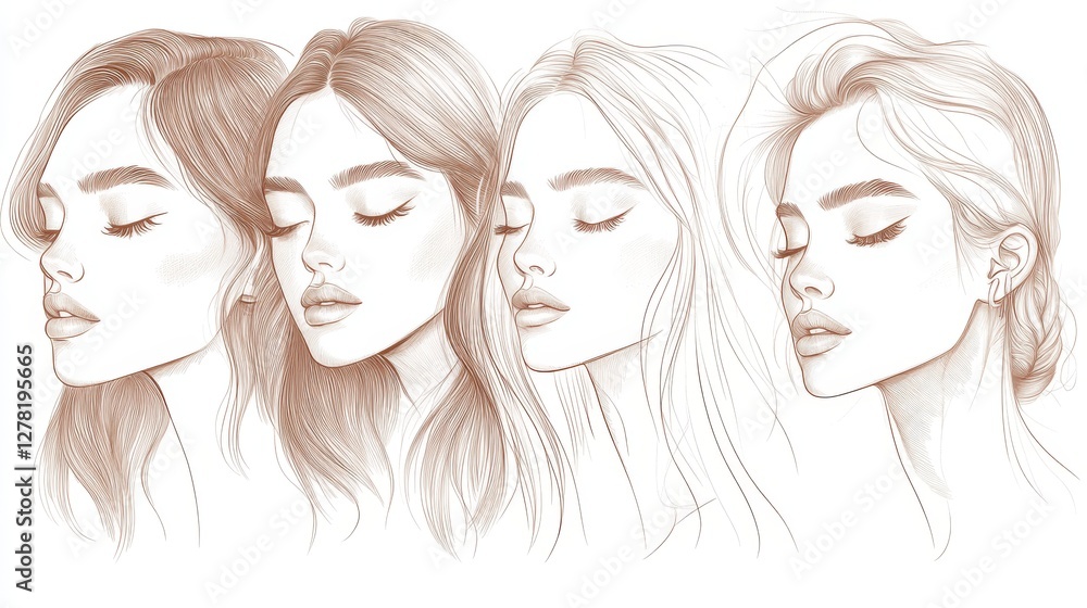 Artistic makeup application sequence, delicate monochromatic line portraits, graceful beauty guide illustrations, minimalist fashion sketches, gentle brown outlines, cosmetic tutorial panels, elegant Artistic makeup application sequence, delicate monochromatic line portraits, graceful beauty guide illustrations, minimalist fashion sketches, gentle brown outlines, cosmetic tutorial panels, elegant