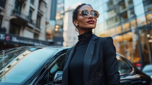 A stylish businesswoman standing outside a luxury car in a financial district