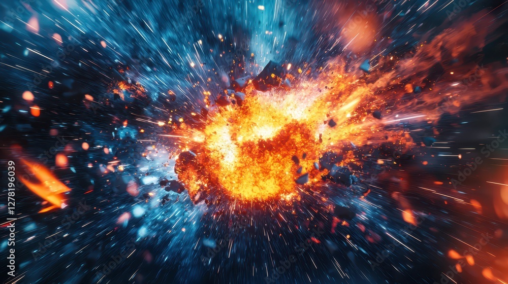 Fiery Explosion in Space with Colorful Asteroids and Light Effects Fiery Explosion in Space with Colorful Asteroids and Light Effects