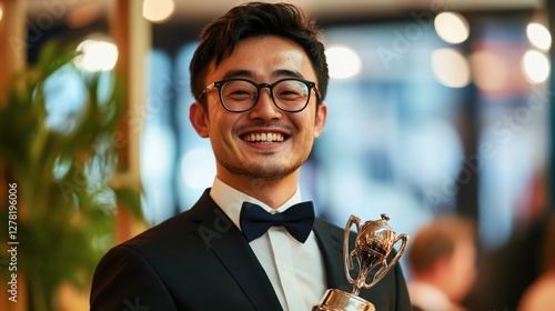 A successful entrepreneur holding a trophy at a business award ceremony