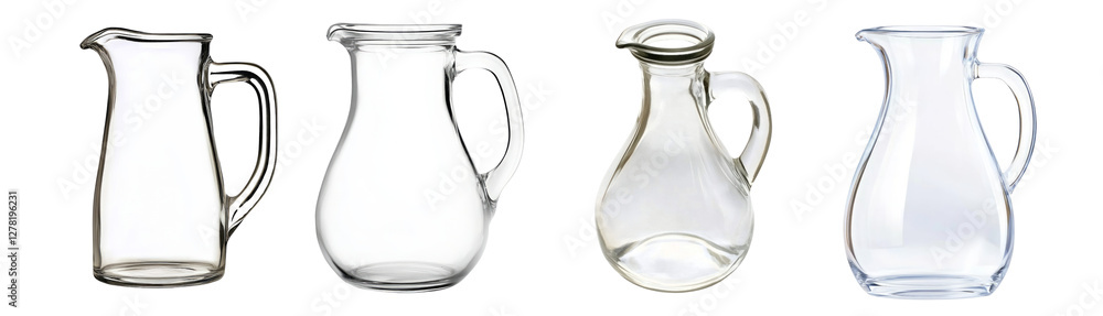 Four glass pitchers displayed against a transparent background. Four glass pitchers displayed against a transparent background.