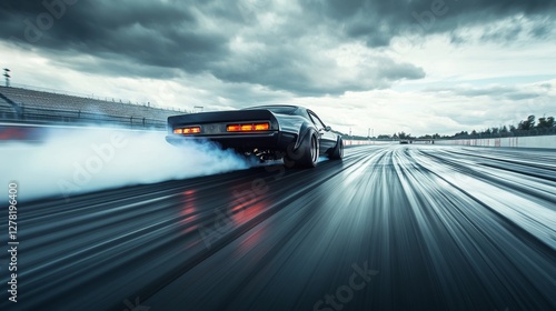 Drag racing car in full throttle down the track. Featuring intensity and precision