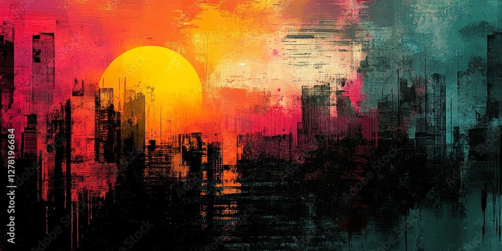 Fototapeta premium a colorful city skyline silhouetted against a vibrant sunset with bold brushstrokes