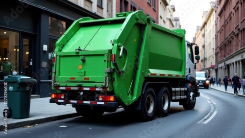 a green garbage truck and a trash can on the city street. Garbage collection