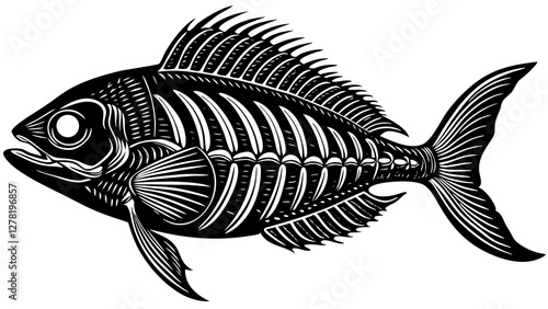 Fish Skeleton X-Ray View with Detailed Anatomy in Black and White Scientific Drawing