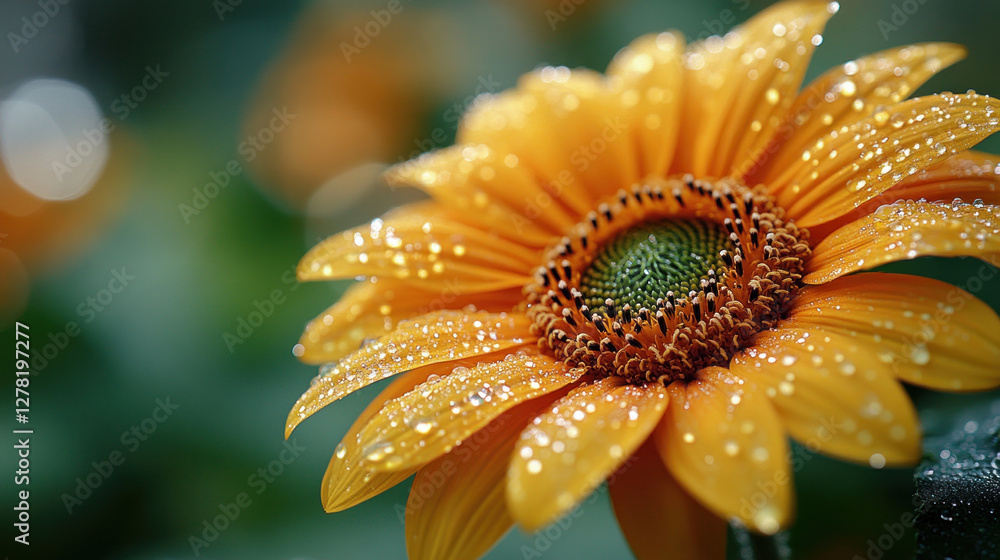Rain cloud soaking a sunflower field, with droplets creating glistening reflections on the petals Rain cloud soaking a sunflower field, with droplets creating glistening reflections on the petals