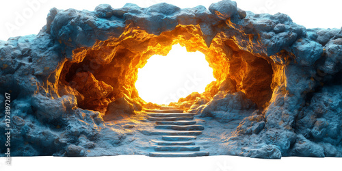 Stone steps leading to glowing cave entrance in a rock formation