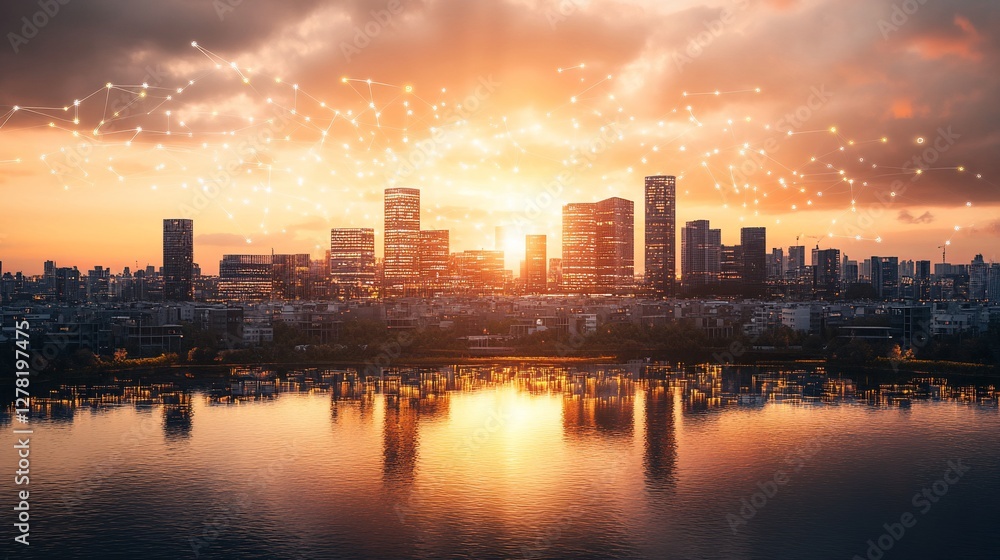 Fototapeta premium Connected city skyline at sunset, reflecting in water.