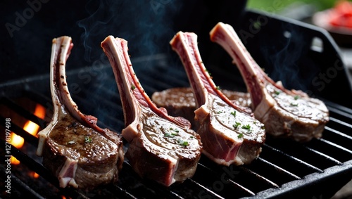 Grilled lamb chops on a barbecue grill with smoke and herbs visible cooking in a backyard setting photo