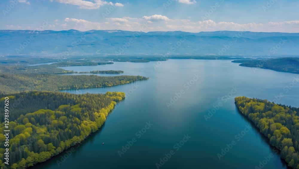 Aerial view of a tranquil lake surrounded by forested islands and distant mountains under a clear blue sky. Aerial view of a tranquil lake surrounded by forested islands and distant mountains under a clear blue sky.