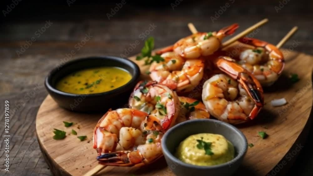 Grilled Shrimp Skewers with Dipping Sauces and Fresh Herbs Grilled Shrimp Skewers with Dipping Sauces and Fresh Herbs