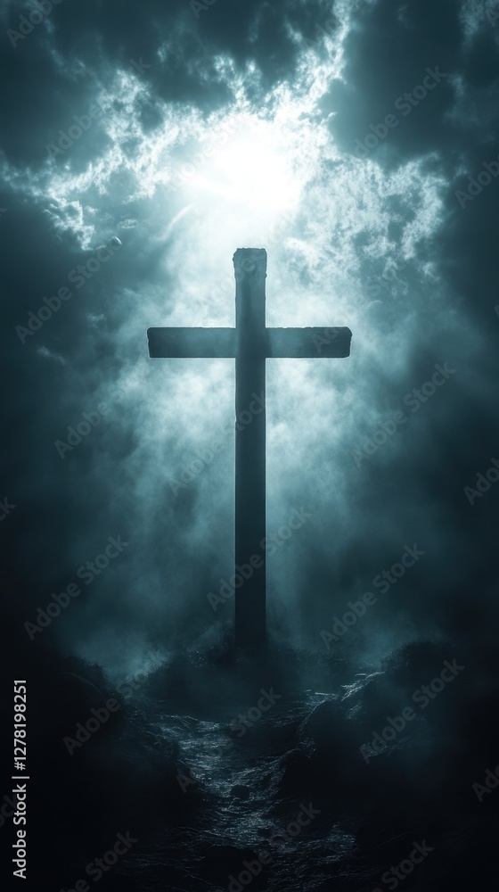 Naklejka premium Dramatic Cross Silhouette Against a Misty Sky Symbolizing Faith Hope and Spiritual Reflection in a Serene Setting