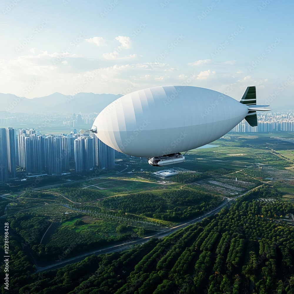 A zero-emission airship flying over a futuristic sustainable city A zero-emission airship flying over a futuristic sustainable city
