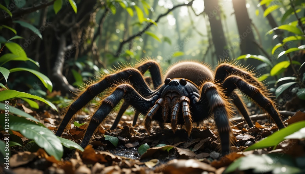 In the heart of a vibrant forest, a giant spider navigates the damp earth, its hairy legs gracefully gliding over fallen leaves. Sunlight pierces through the canopy, illuminating the scene In the heart of a vibrant forest, a giant spider navigates the damp earth, its hairy legs gracefully gliding over fallen leaves. Sunlight pierces through the canopy, illuminating the scene