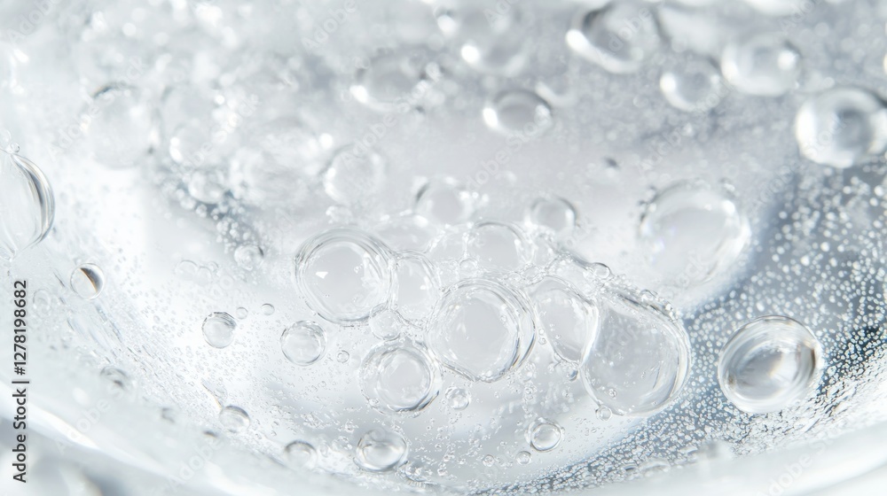 Ethereal white cosmetic gel texture with delicate water droplets, silky smooth transparent serum waves, floating oxygen bubbles, premium skincare photography, pure crystalline surface, luxury beauty Ethereal white cosmetic gel texture with delicate water droplets, silky smooth transparent serum waves, floating oxygen bubbles, premium skincare photography, pure crystalline surface, luxury beauty