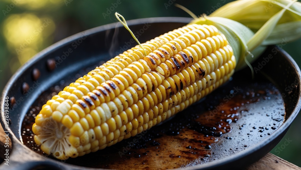 Grilled corn on the cob served in a cast iron skillet with melted butter and seasoning against a natural background Grilled corn on the cob served in a cast iron skillet with melted butter and seasoning against a natural background