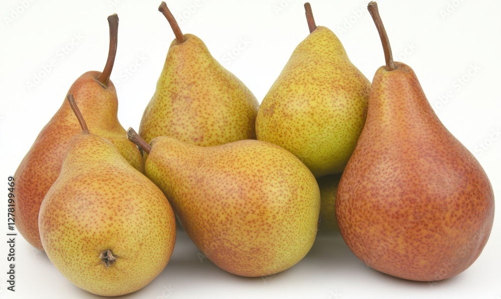 A cluster of ripe pears in varying shades of yellow and red, displayed against a white background A cluster of ripe pears in varying shades of yellow and red, displayed against a white background