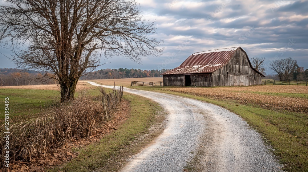 Rustic Barn Surrounded by Green Fields Under a Cloudy Sky Rustic Barn Surrounded by Green Fields Under a Cloudy Sky