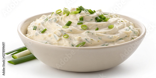 Sour Cream and Onion in a Bowl Isolated on a White Background, Indicating Flavorful Dips