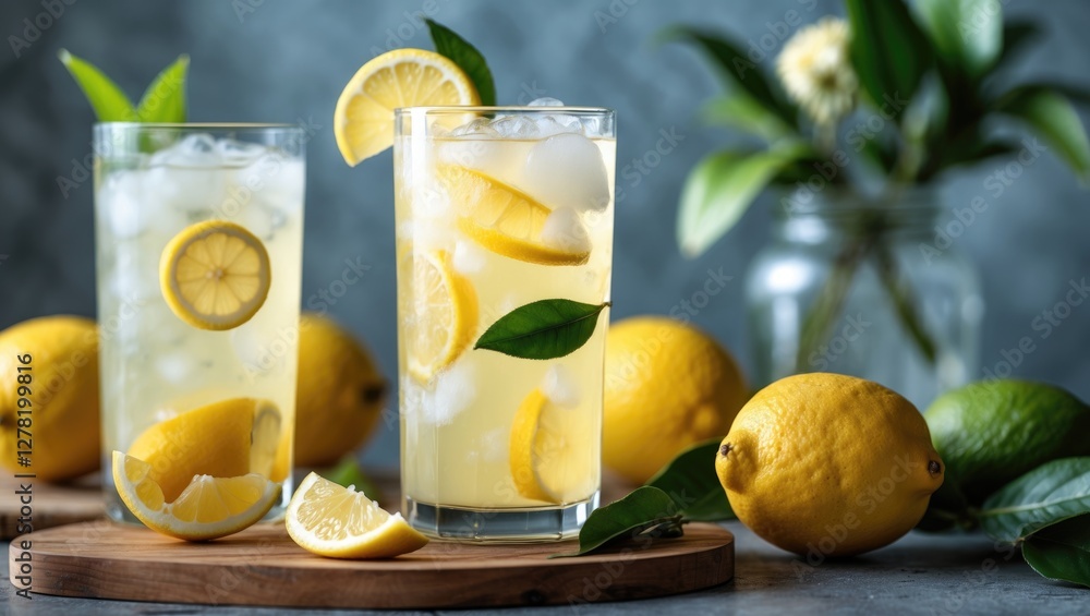 Fototapeta premium Lemonade drinks in tall glasses with ice and lemon slices on a wooden board with fresh lemons and a plant in the background.