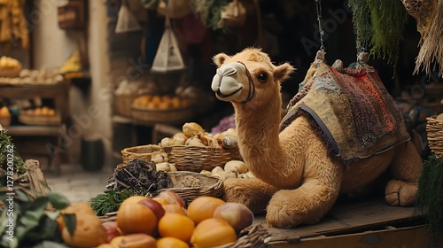 Stuffed camel in a rustic market stall scene