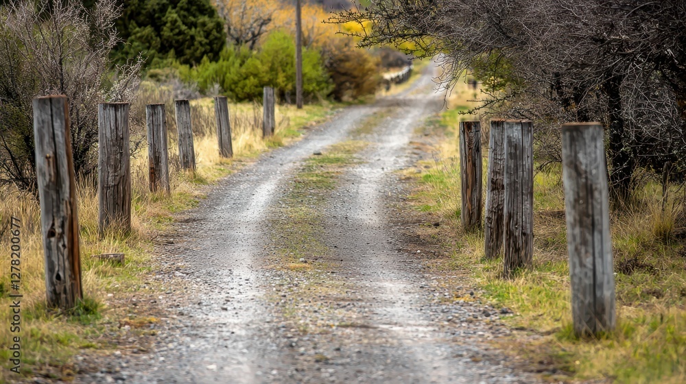 Obraz premium Serene Country Road Surrounded by Rustic Wooden Posts and Nature
