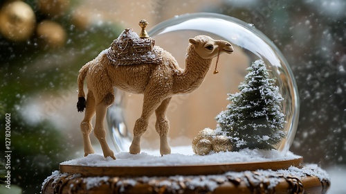 Stuffed camel in a winter snow globe scene