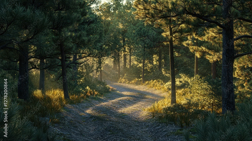 Naklejka premium Serene Pathway Through Dense Forest with Sunlight Filtering Through Trees