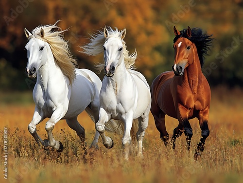 Autumnal Horses Galloping in Field photo