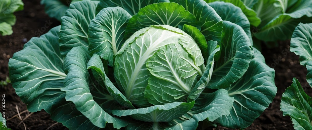 Obraz premium Fresh green cabbage growing in a garden farm setting with rich soil and vibrant foliage details
