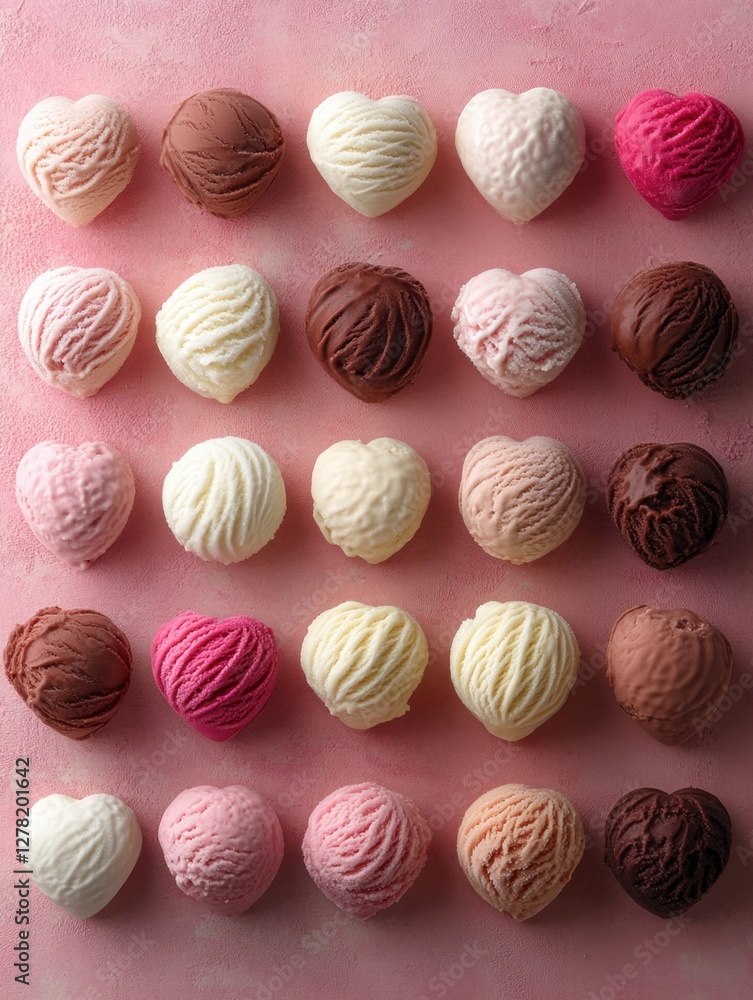 Assorted Ice Cream Scoops in Heart and Round Shapes on Pink Background Sweet and Delicious Treat Assorted Ice Cream Scoops in Heart and Round Shapes on Pink Background Sweet and Delicious Treat