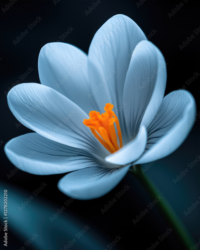 Fototapeta premium White flower with bright orange stamens, dark background