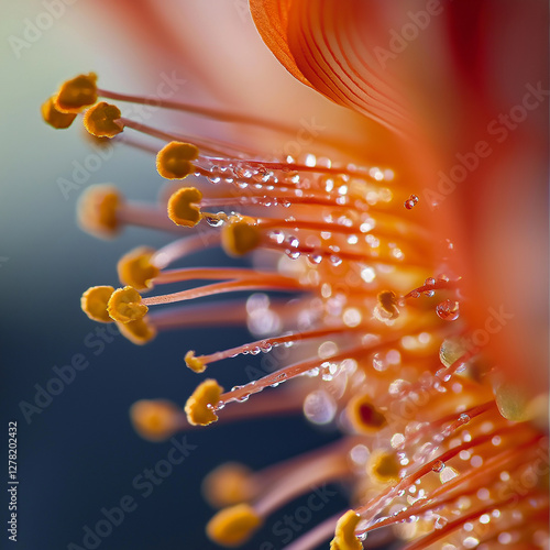 Makroaufnahme von Staubgefäßen einer exotischen Blüte. Die orangen Staubfäden glitzern im Gegenlicht und erzeugen eine abstrakte, filigrane Struktur photo